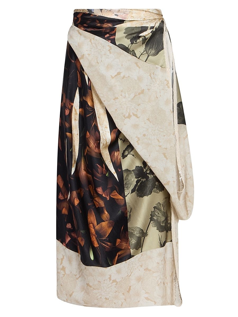 Women's Floral Silk Wrap Midi-Skirt - Brown Variant - Size 4