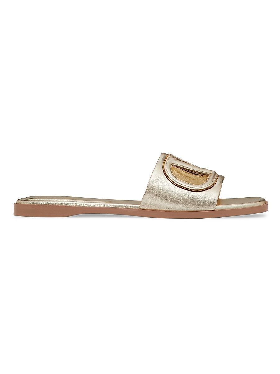 Women's VLogo Cut-Out Laminated Nappa Leather Slide Sandals - Platinum Antique Brass - Size 7