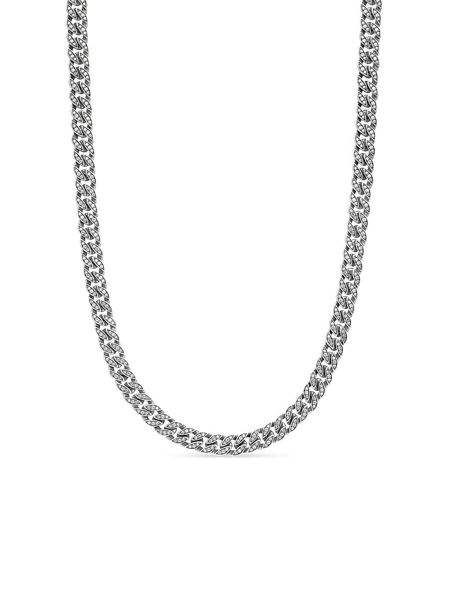 Men's Curb Chain Necklace in Sterling Silver - Diamond - Size 24