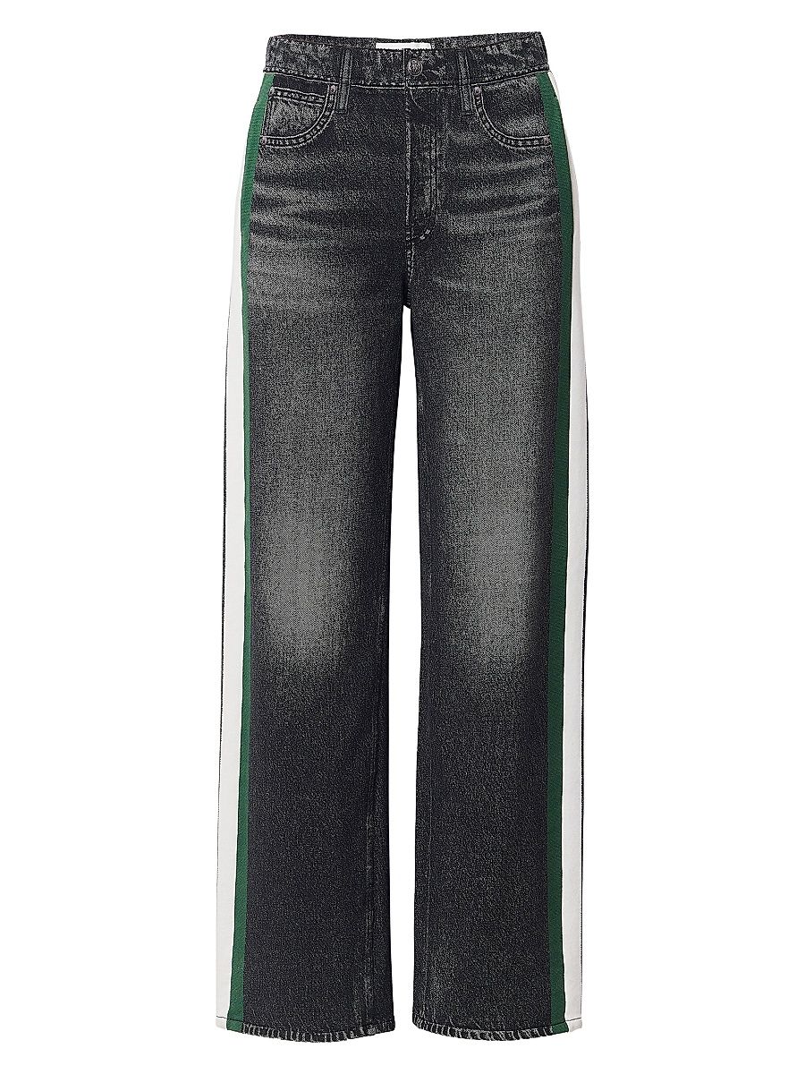 Women's Miramar Terry Cotton Wide-Leg Track Pants - Washed Black Green Stripe - Size Small