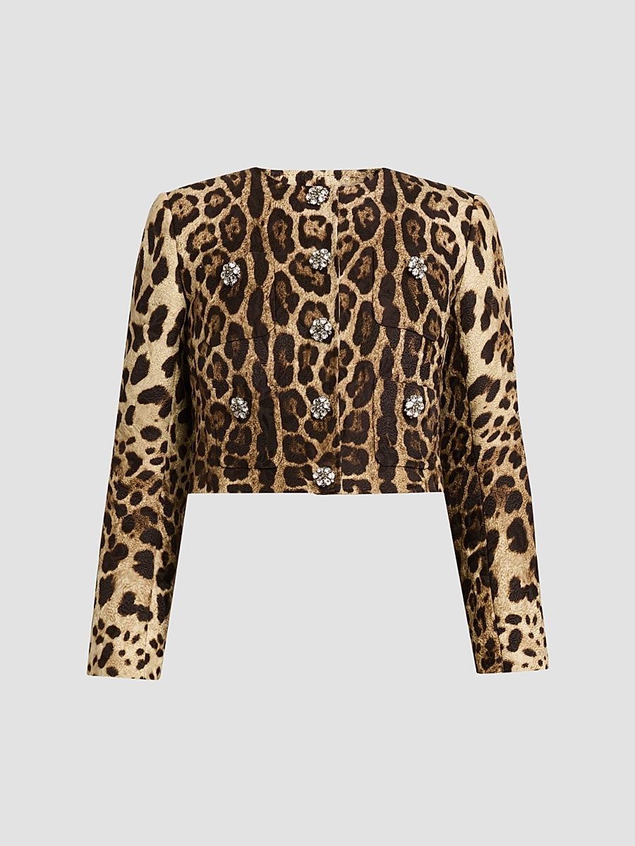 Women's Leopard Cotton-Silk-Blend Cropped Jacket - Leo New - Size 10