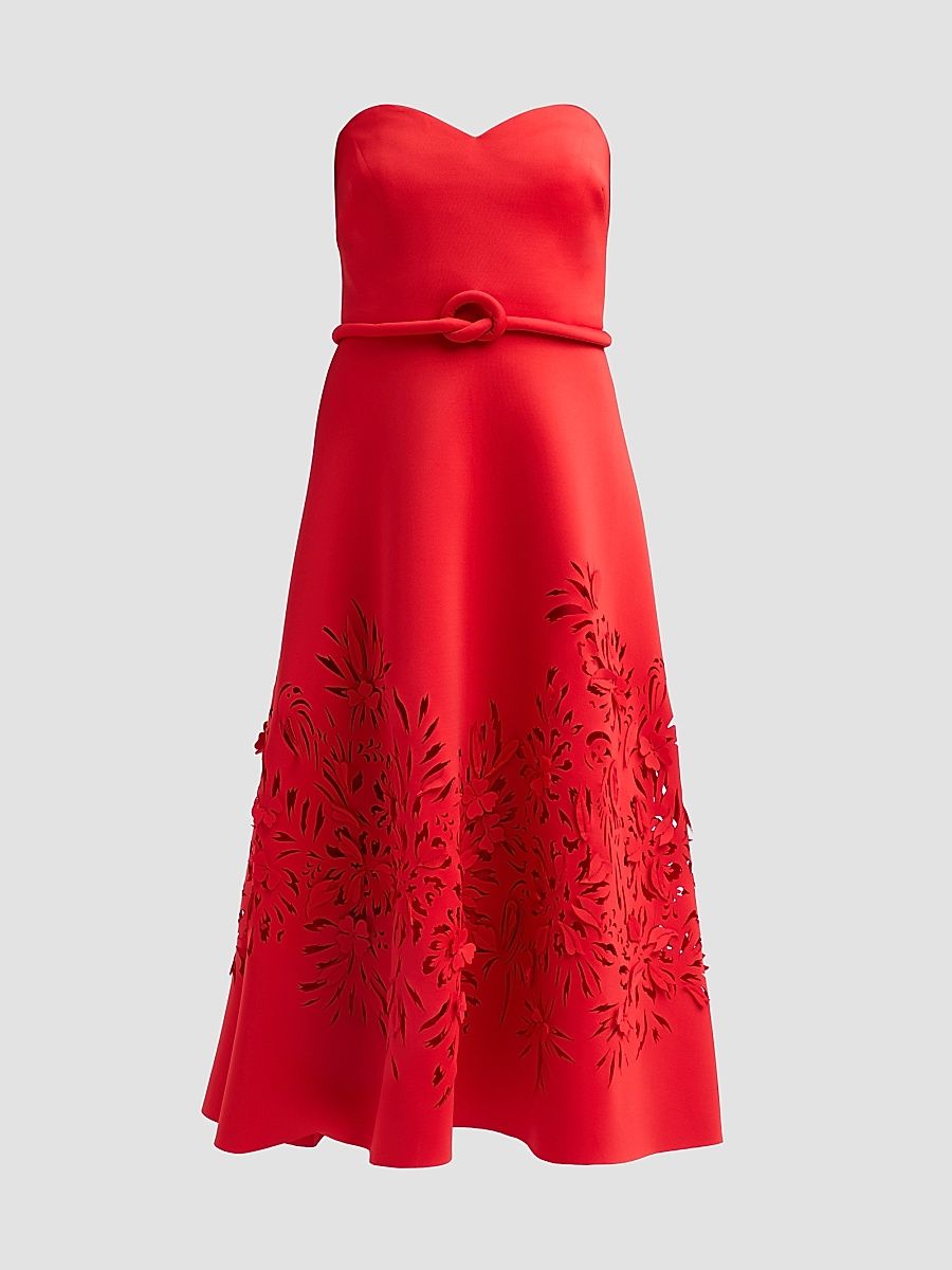 Women's Floral Laser-Cut Strapless Cocktail Dress - Red - Size 0