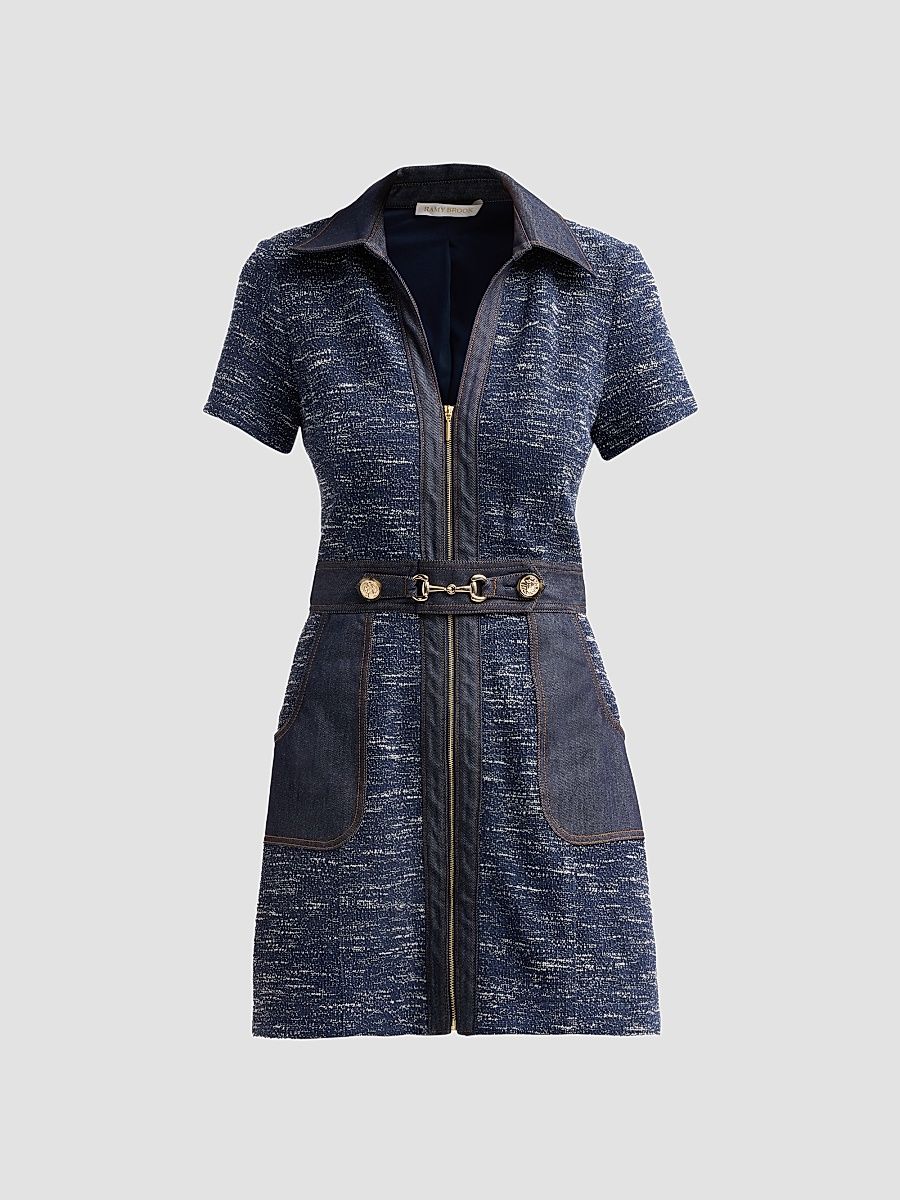 Women's Darla Belted Tweed Mini Dress - Navy Tweed - Size 14