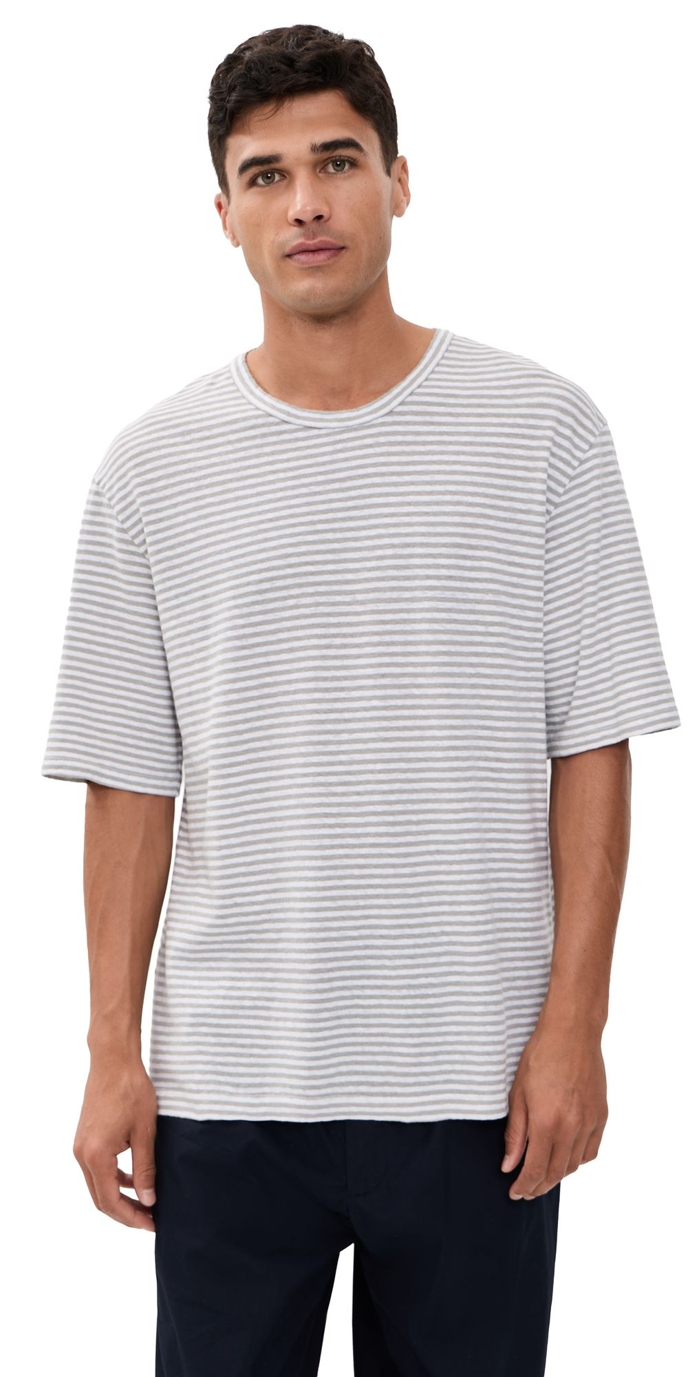 Officine Generale Elden Linen Mini Stripe Tee Heather Grey/White S