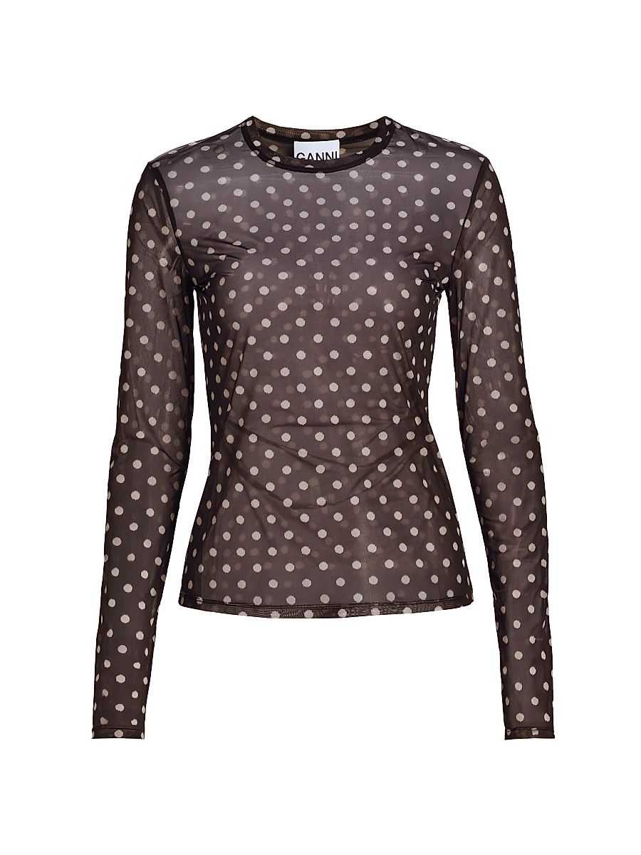 Women's Sheer Polka Dot Jersey Long-Sleeve Top - Black - Size 14