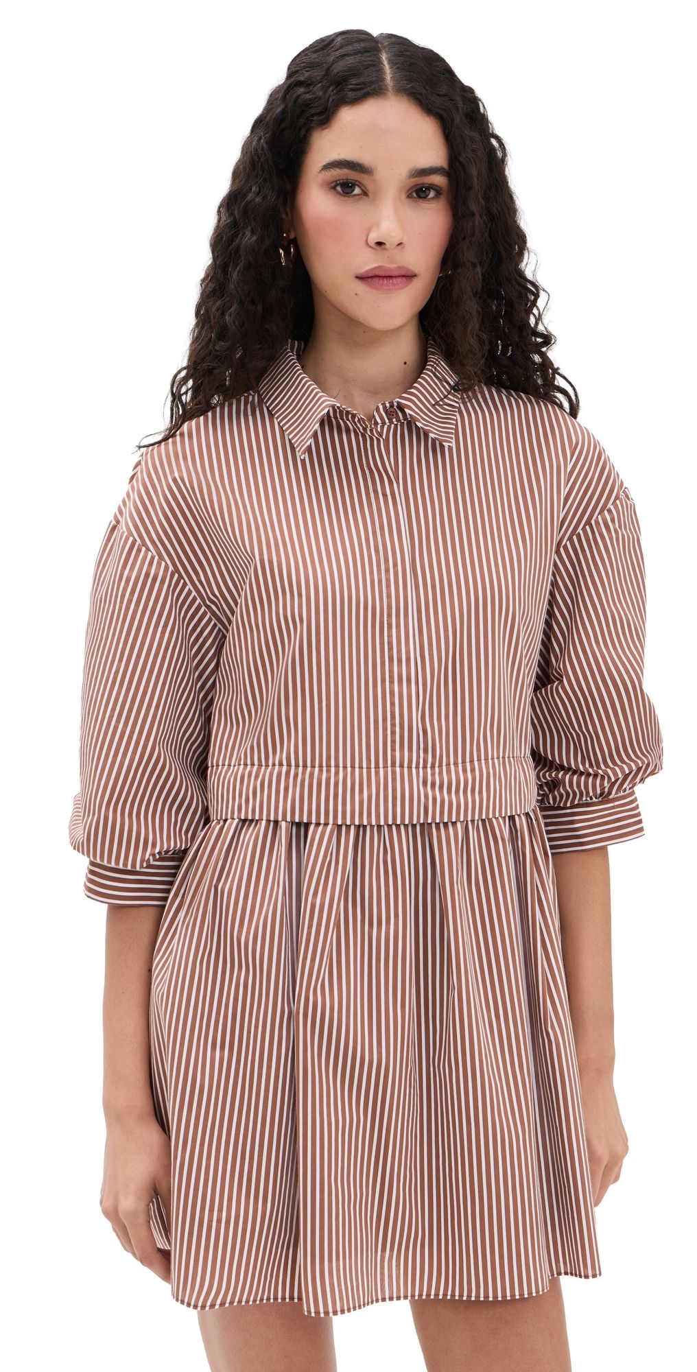 English Factory Stripe Puff Sleeve Shirt Dress Brown Stripe M