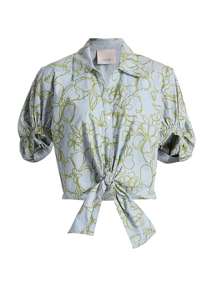 Women's Zoanne Linework Floral-Embroidered Cotton Top - Bluebell Pear Green - Size XL