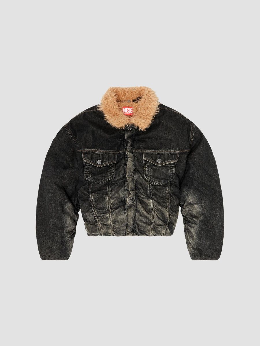 Diesel Men's Curly Faux-Fur Collar Denim Jacket - Black Denim - Size XS