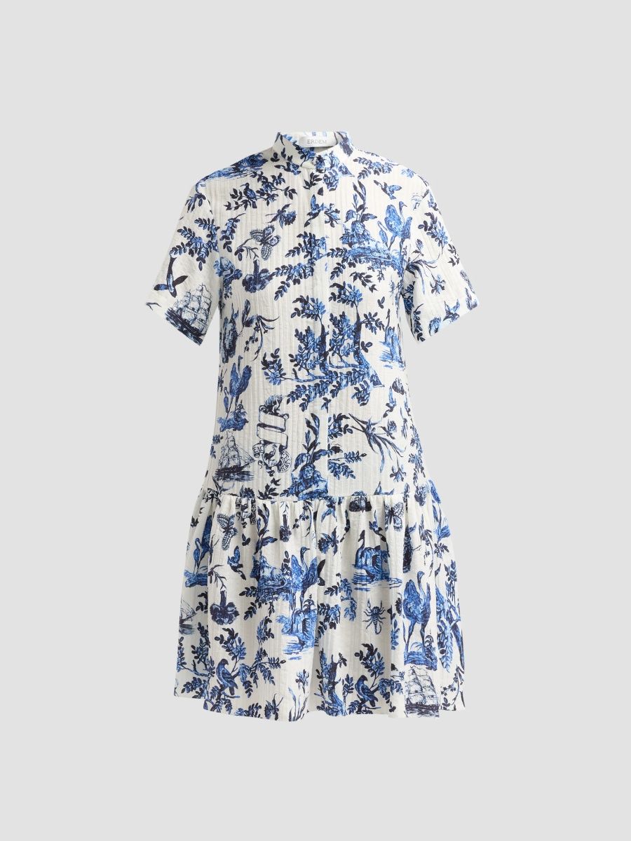 Erdem Women's Crinkled Floral Jacquard Mini Shirtdress - Ink Blue - Size 0