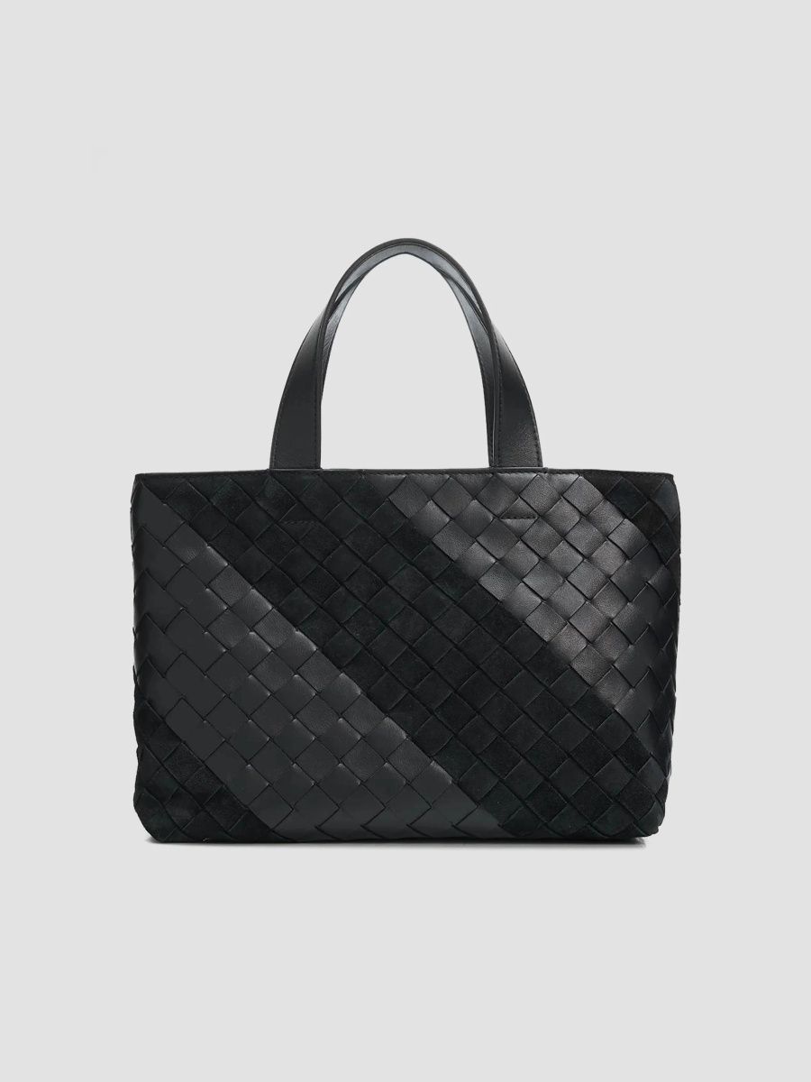 Bottega Veneta Men's Mini Striped Intrecciato Leather & Suede Zipped Tote - Black Silver