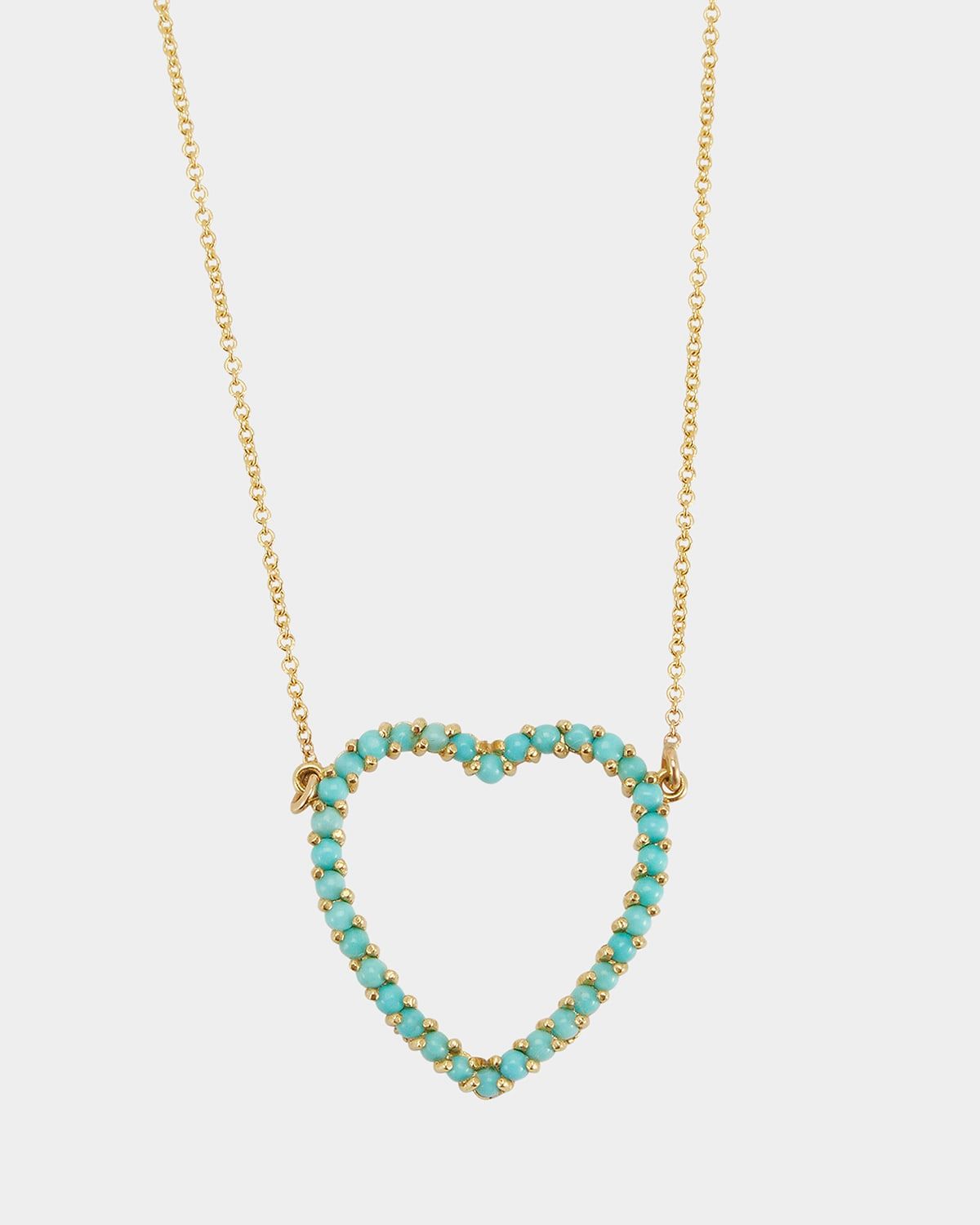 18K Yellow Gold Large Open Heart Necklace with Turquoise