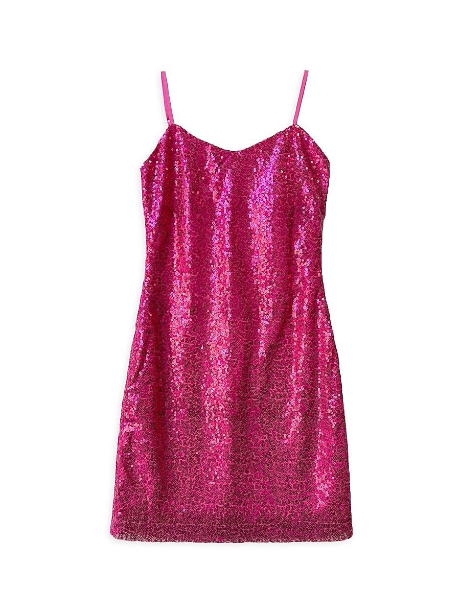 Girl's Sequin-Embellished Fitted Dress - Fuchsia - Size 10