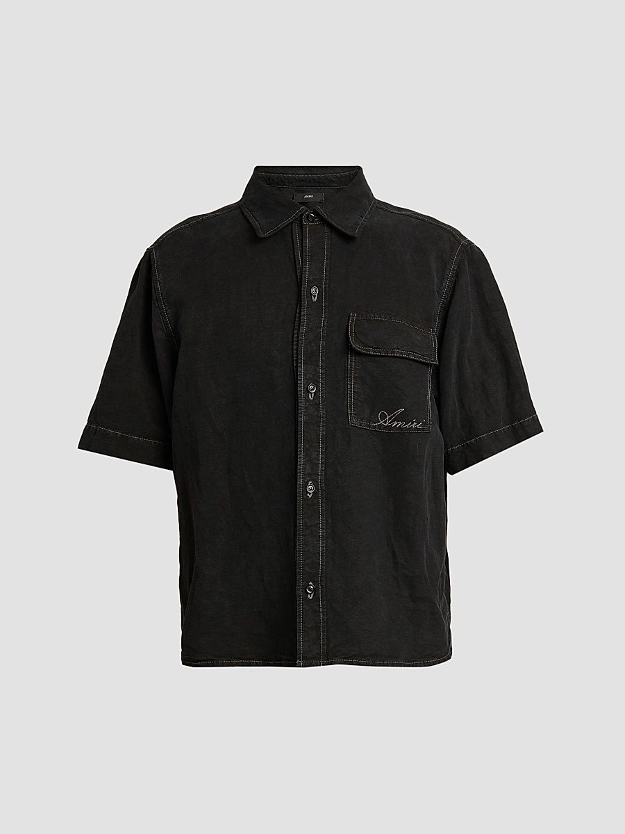 Men's Script Logo Linen-Blend Shirt - Black - Size XXL