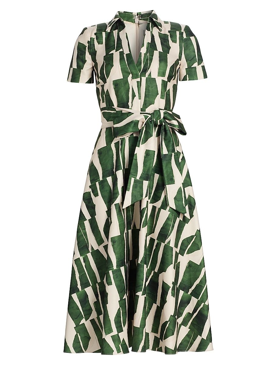 Women's Geometric Tie-Waist Midi-Dress - Emerald Multi - Size 4