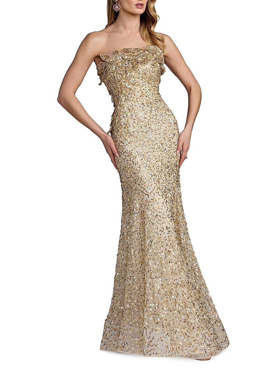 Women's Srapless Beaded Mesh Trumpet Gown - Gold - Size 14