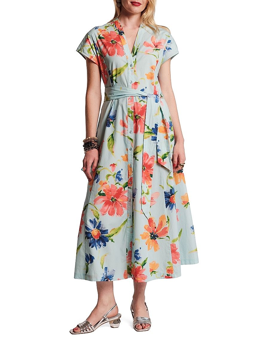 Women's Eve Floral Tie-Waist Midi-Shirtdress - Light Blue Multi - Size Medium