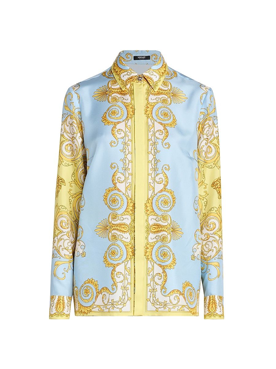Women's Barocco Foulard Silk Twill Shirt - Pale Yellow Pastel Blue - Size 12