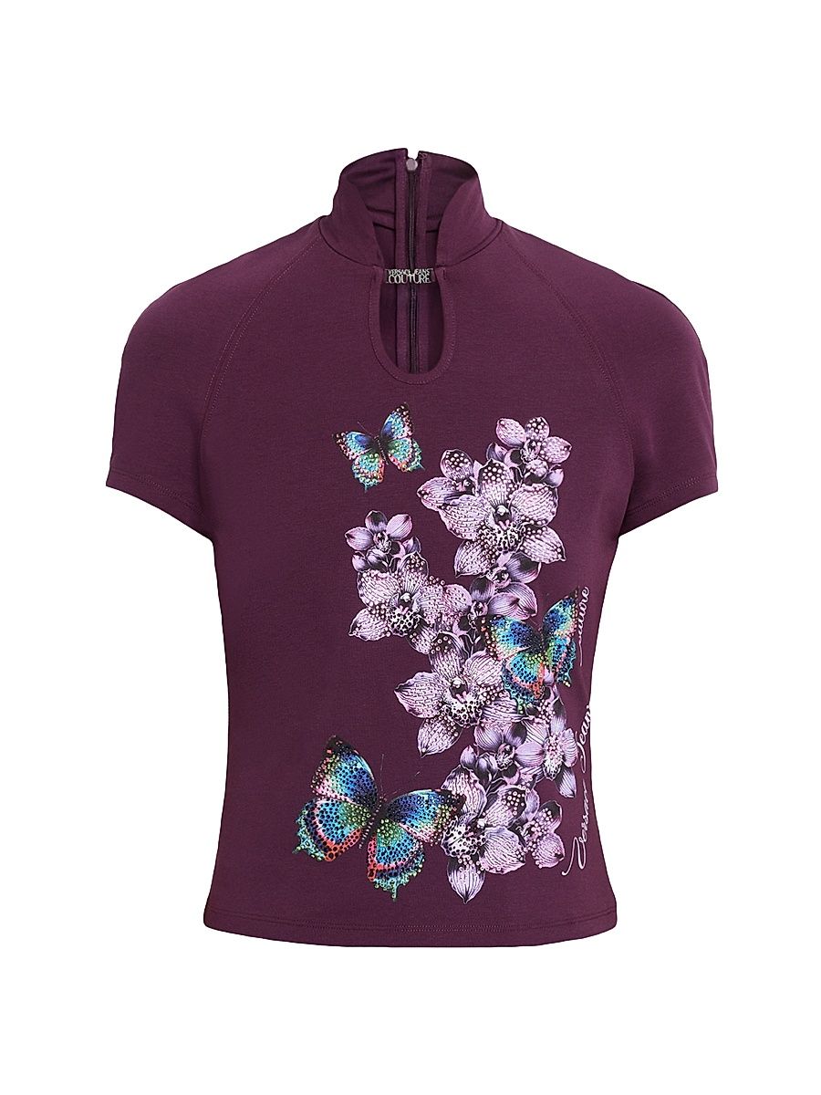 Women's Printed Cut-Out Short-Sleeve Top - Purple - Size XXS