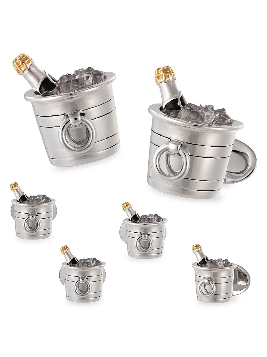 Men's 6-Piece Sterling Silver Champagne Bucket Cufflink & Shirt Stud Set