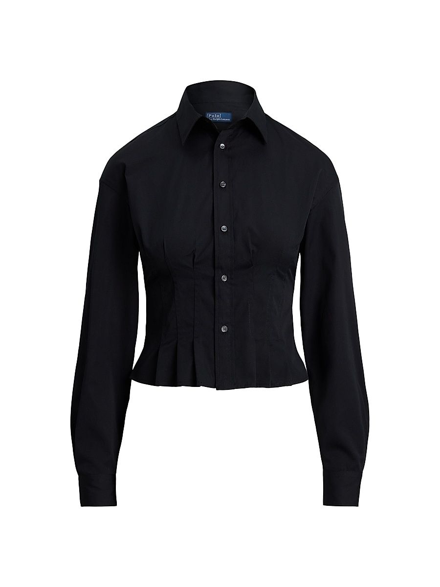 Women's Pleated Cotton Button-Front Blouse - Polo Black - Size 8