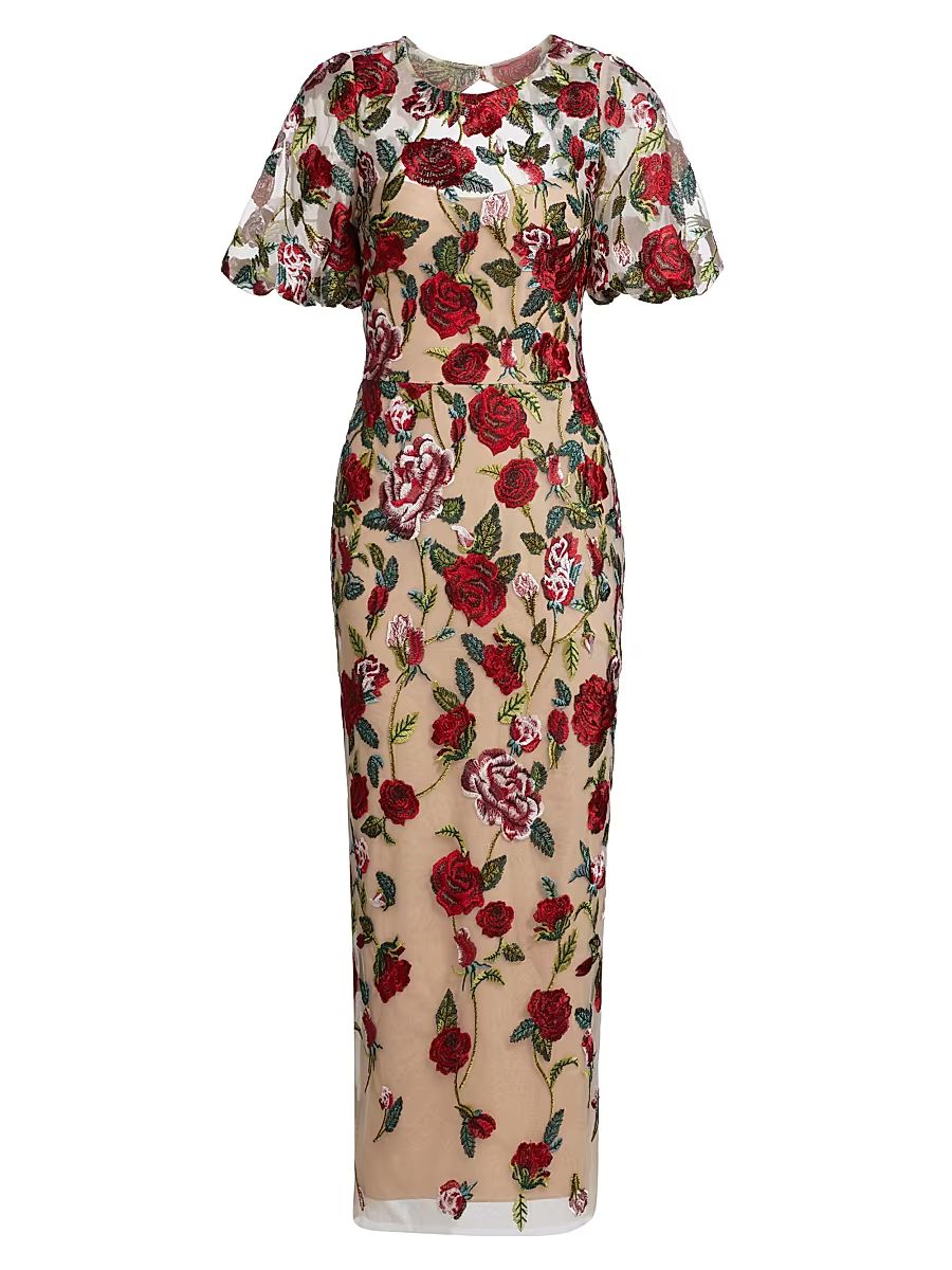 Women's Floral Embroidered Puff-Sleeve Midi-Dress - Red Beige - Size 8
