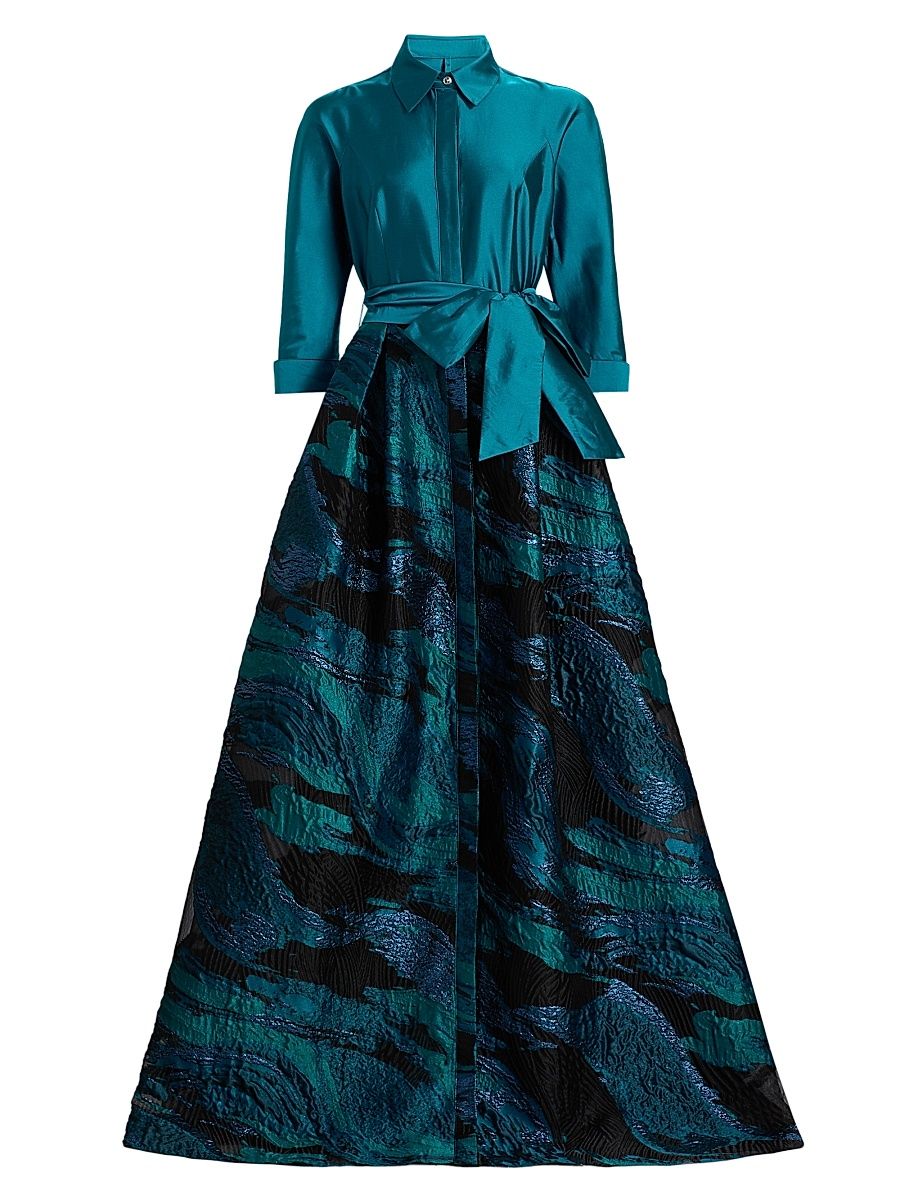 Women's Wave Jacquard Shirtwaist Gown - Teal Multi - Size 18