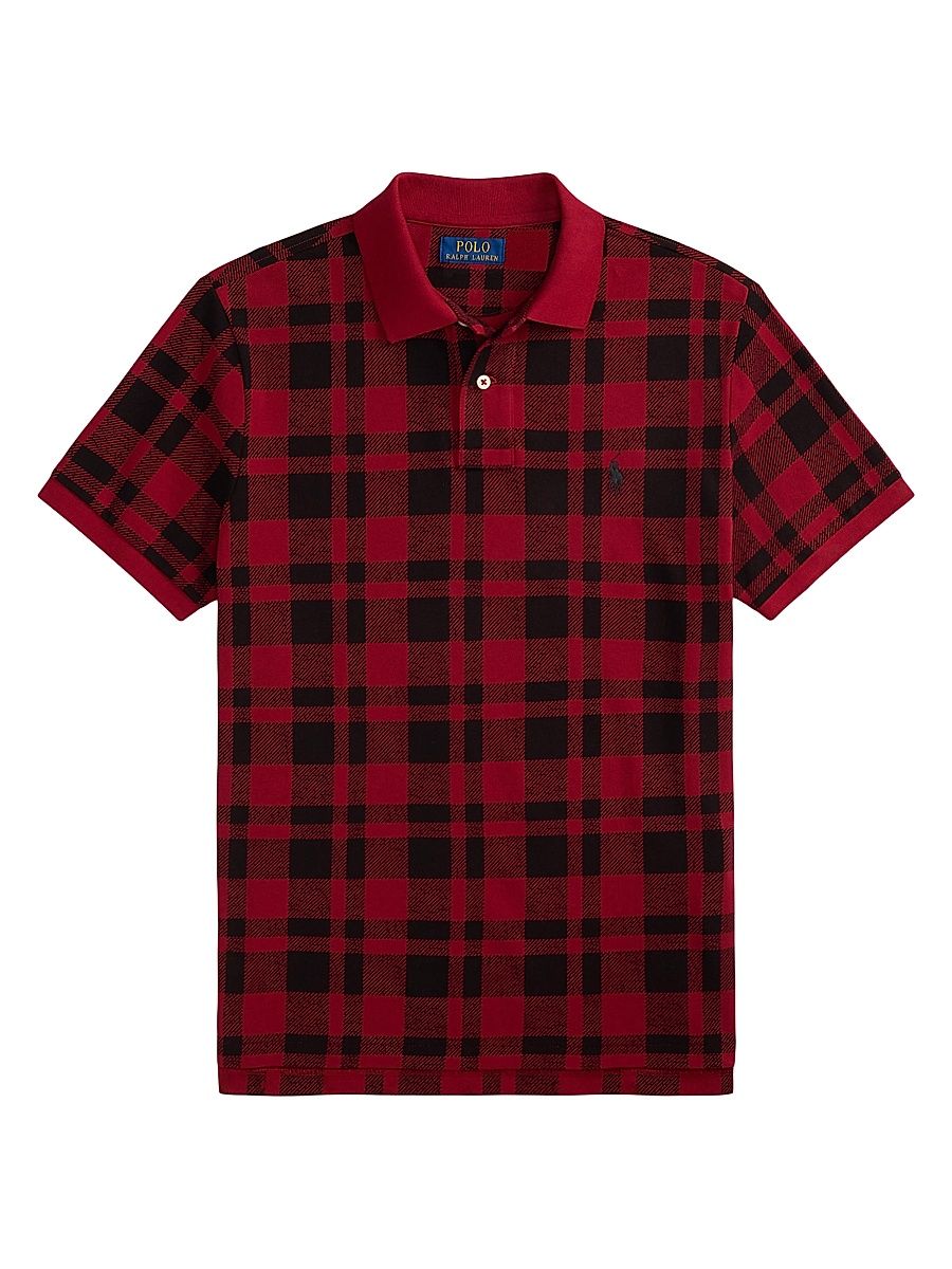 Men's Plaid Cotton Polo Shirt - Edged Overcheck Holiday Red - Size Small
