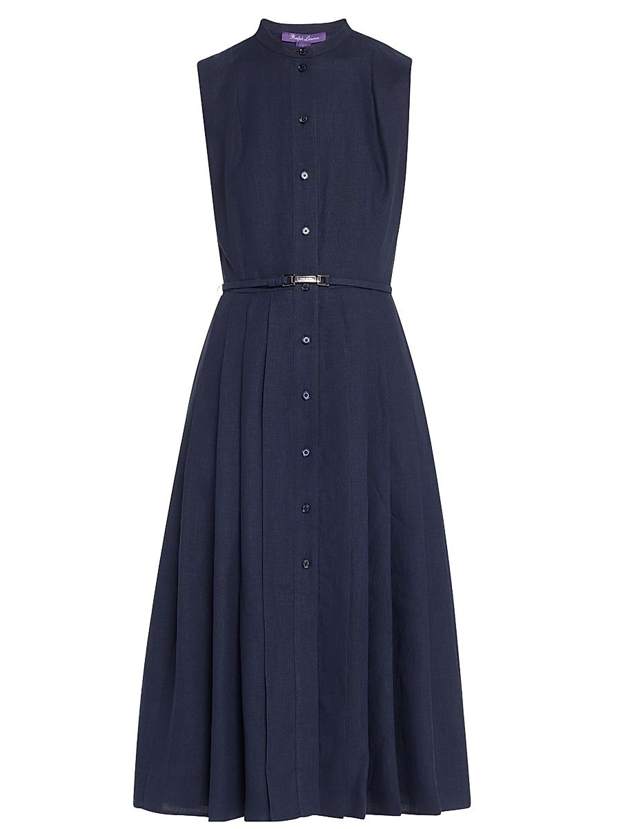 Women's Kennedi Linen-Silk Belted A-Line Midi-Shirtdress - Luxnavy - Size 8