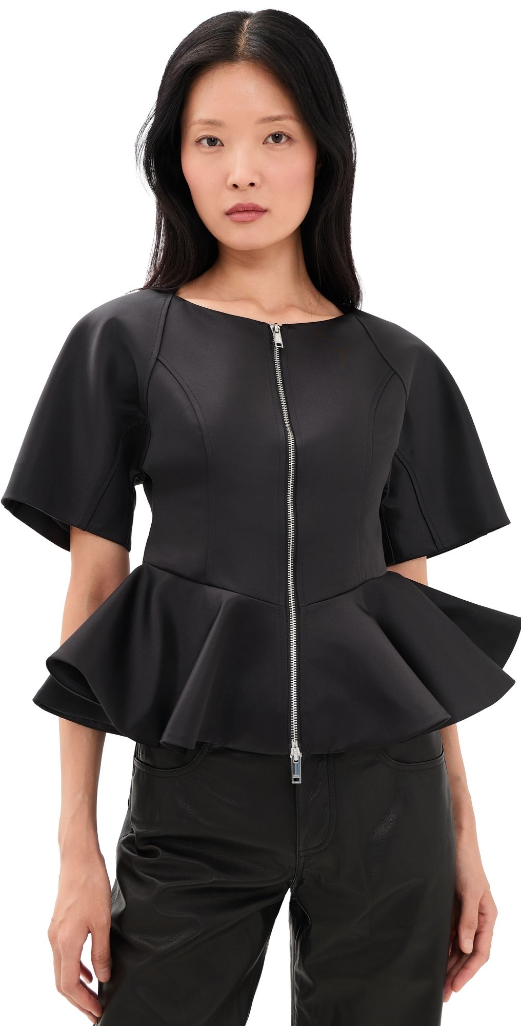 GANNI Duchesse Satin Peplum Zip Blouse Black 44