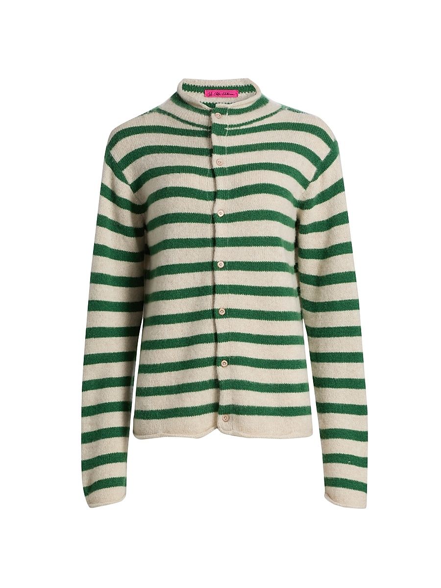 Women's Cousteau Striped Cashmere Cardigan - Fern White - Size Large
