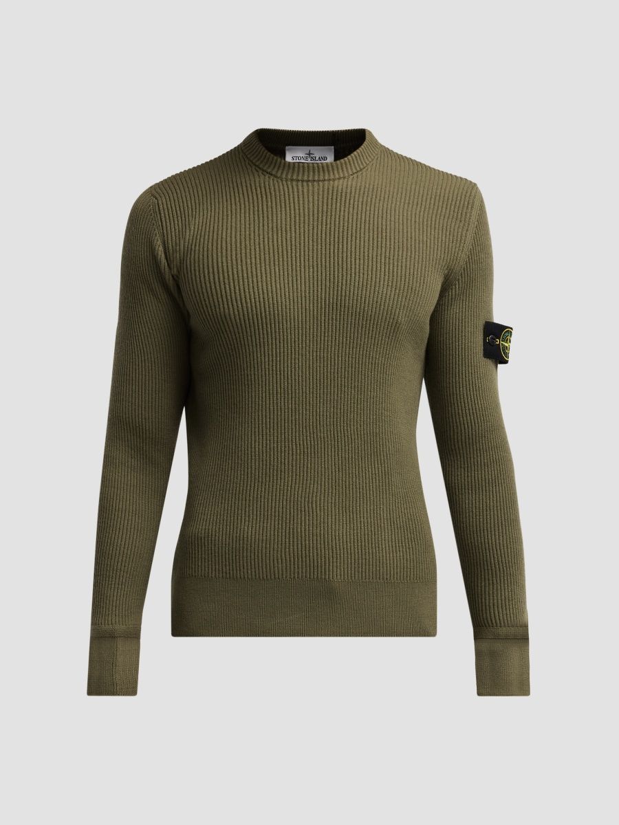 Stone Island Men's Rib-Knit Wool Crewneck Top - Military Green - Size XXL