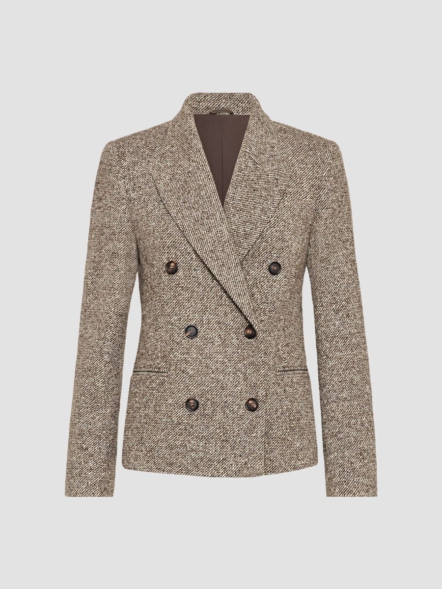 Brunello Cucinelli Women's Virgin Wool and Silk Mélange Diagonal Blazer with Monili - Brown - Size 10