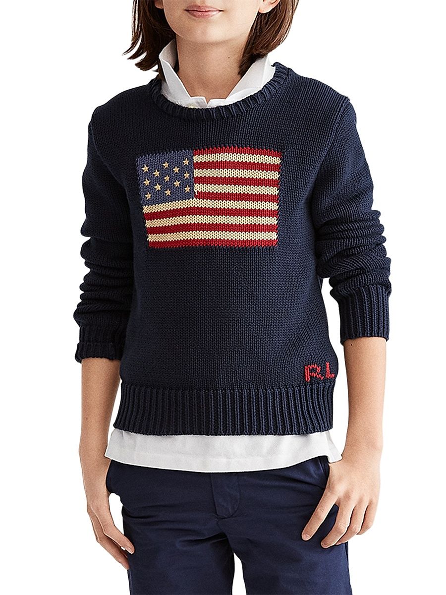 Boy's Crewneck Flag Sweater - Hunter Navy - Size 3