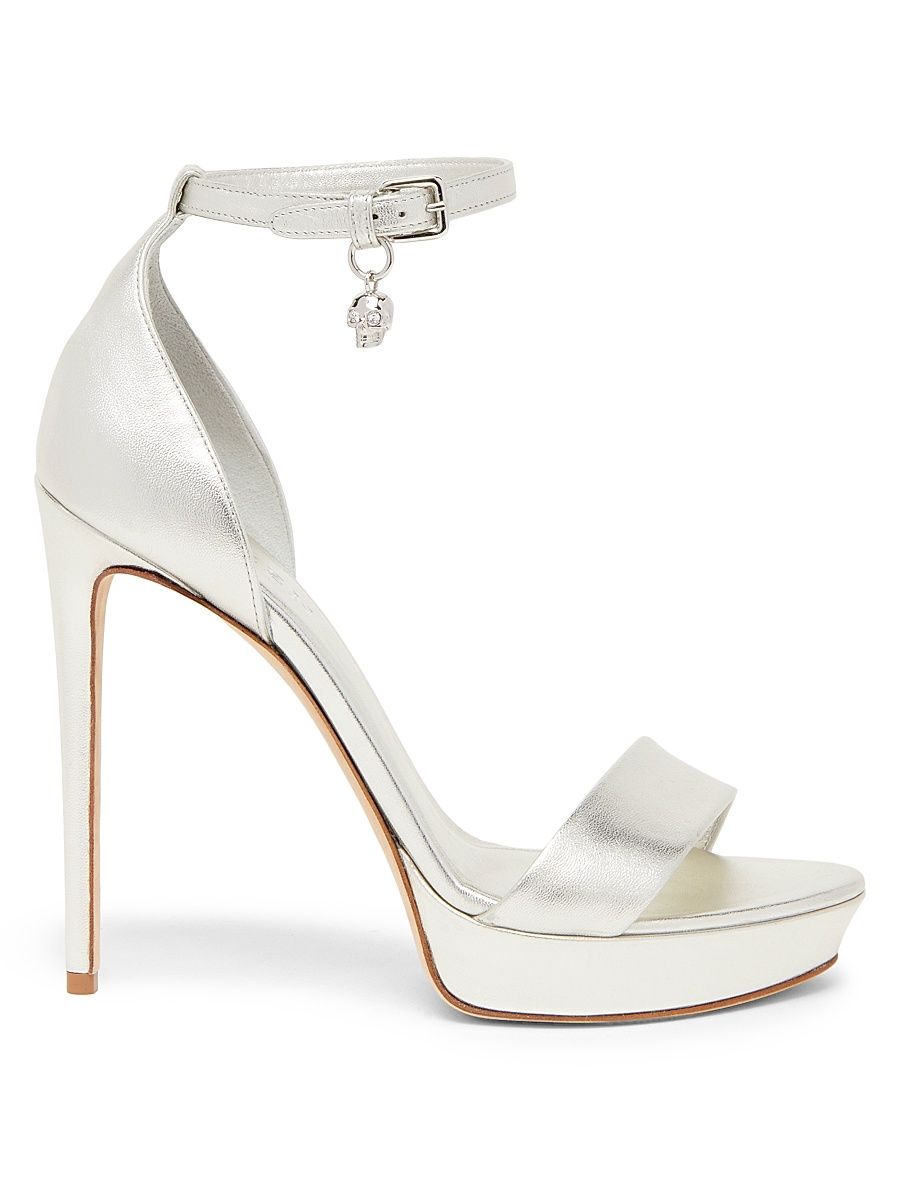 Women's Skull Charm Leather Platform Sandals - Silver - Size 11