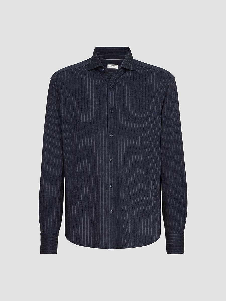 Brunello Cucinelli Men's Virgin Wool, Silk and Cotton Chalk Stripe Piqué Shirt - Marine - Size XXS