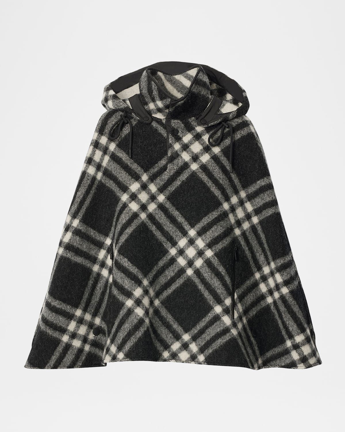 Check Wool Cape Poncho with Hood