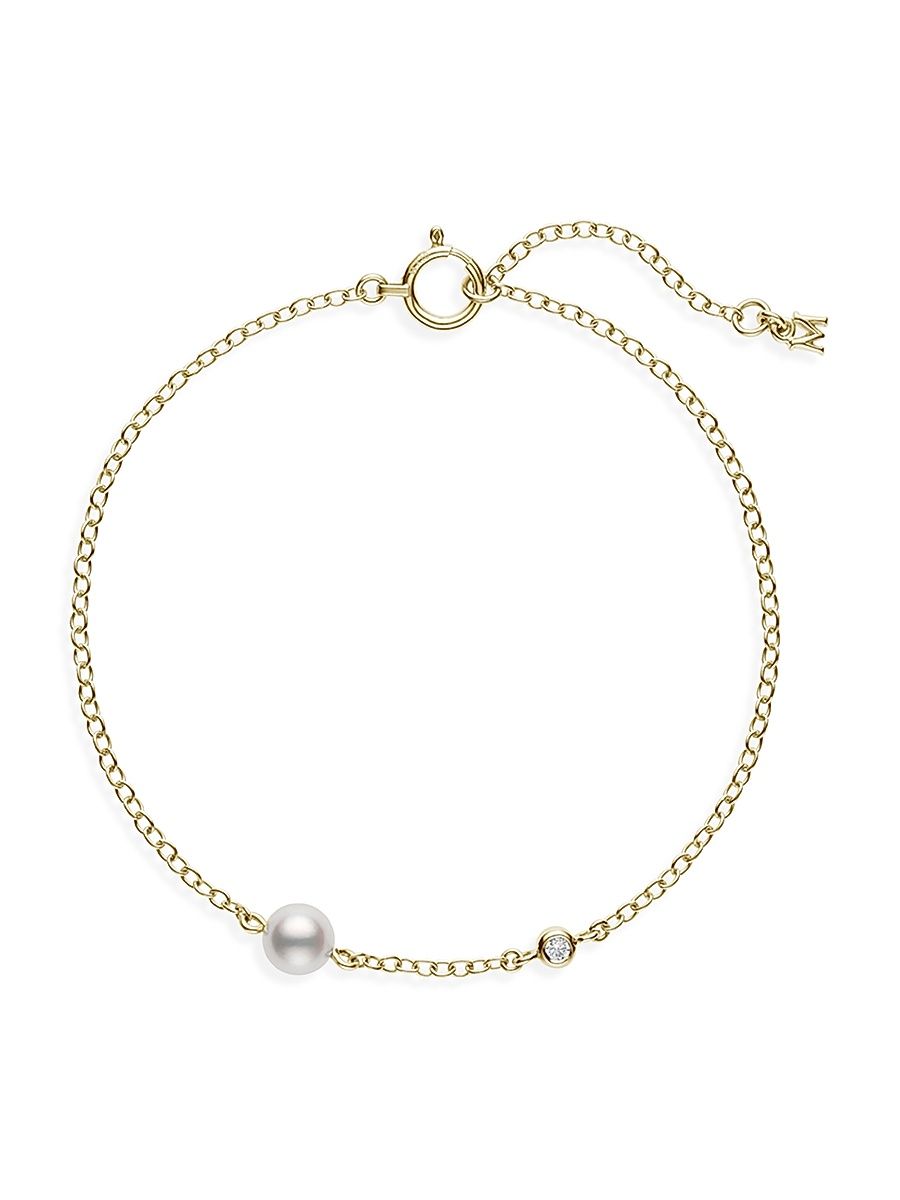 Women's 18K Yellow Gold, 0.02 TCW Diamond & Cultured Akoya Pearl Station Bracelet - Yellow Gold