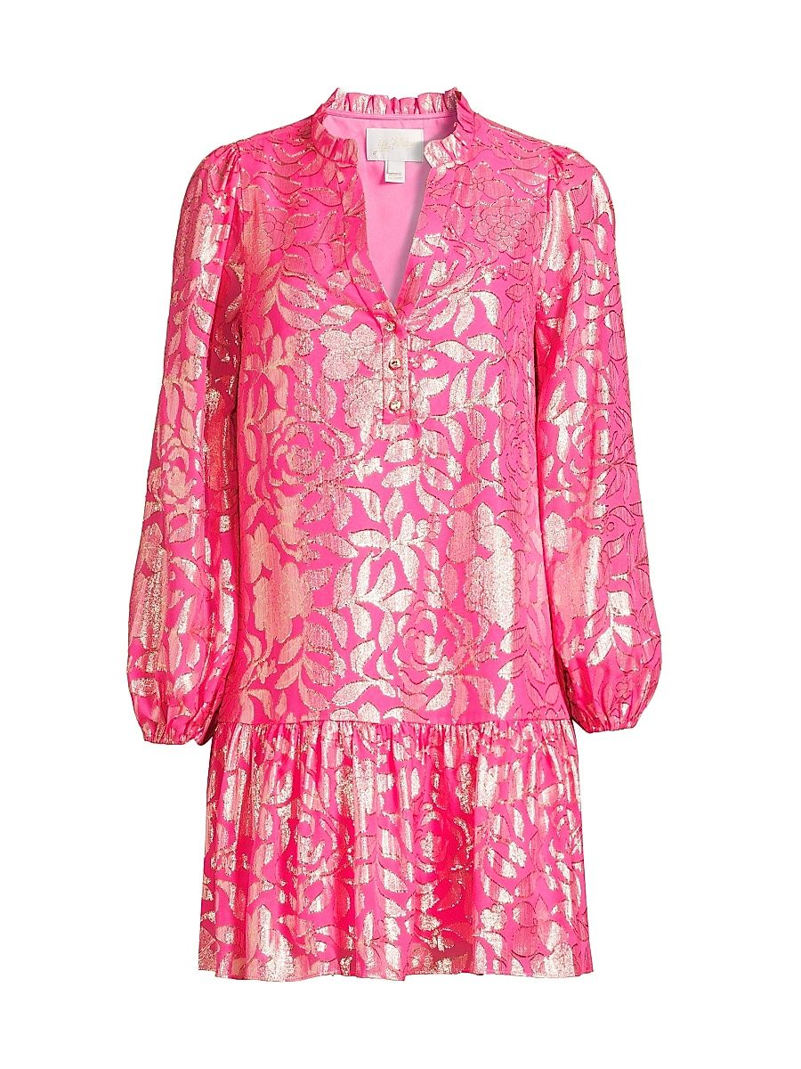 Women's Evaline Silk Dropped Waist Minidress - Sun Shell Pink Floral Bloom - Size 16