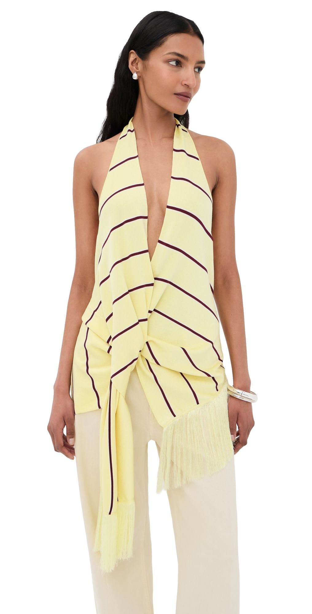 3.1 Phillip Lim Draped Stripe Halter Top with Fringe Yuzu Multi M