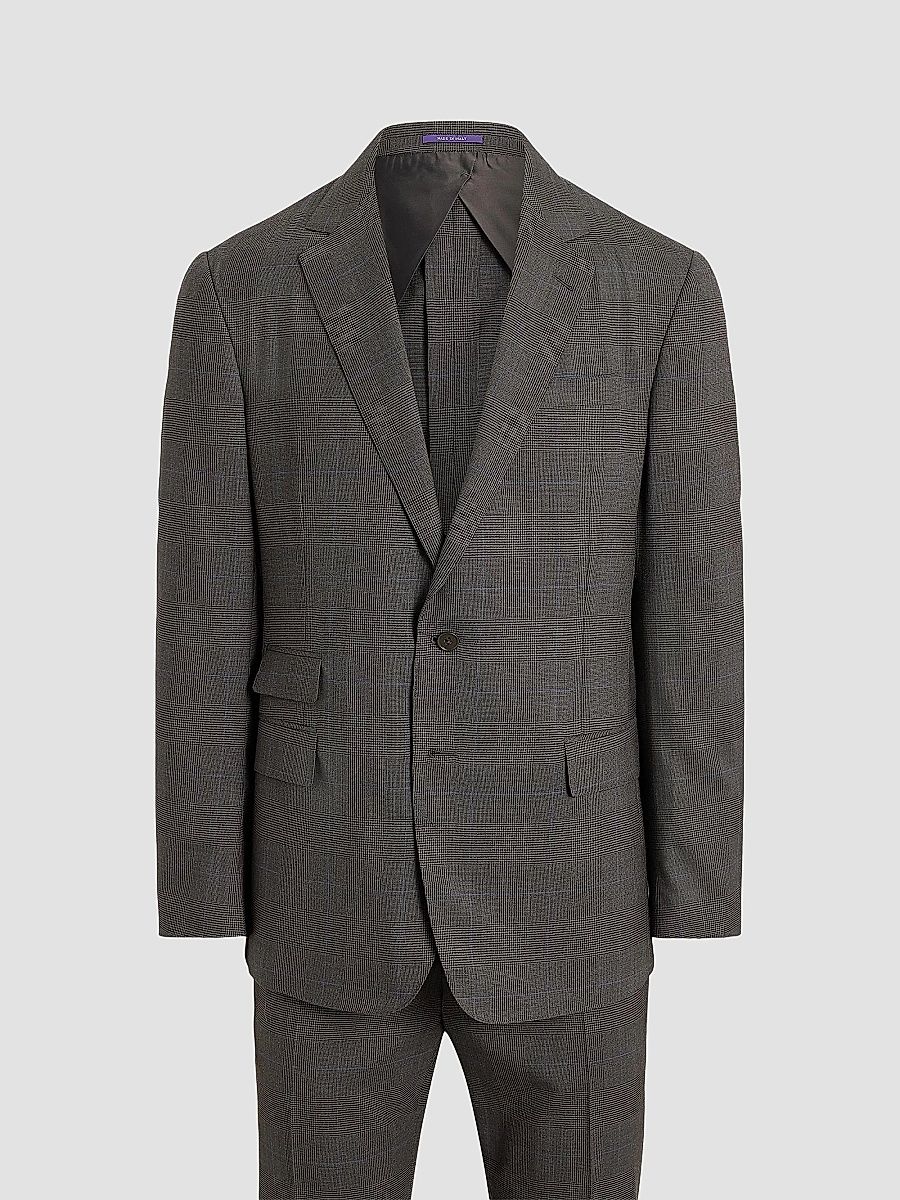 Men's Glen Check Wool Single-Breasted Suit - Brown - Size 46