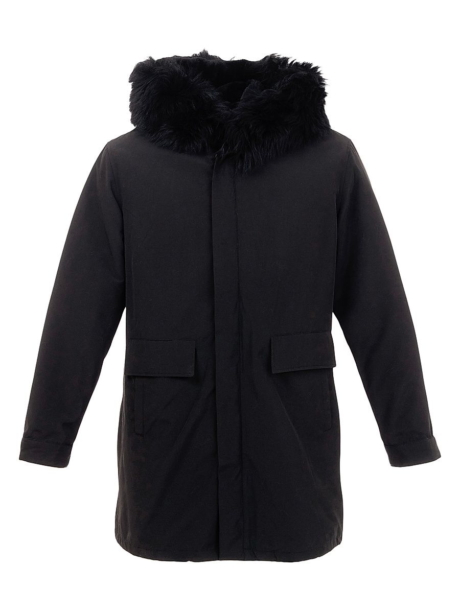 Men's Parka With Shearling Lamb Hood Trim - Black - Size Large
