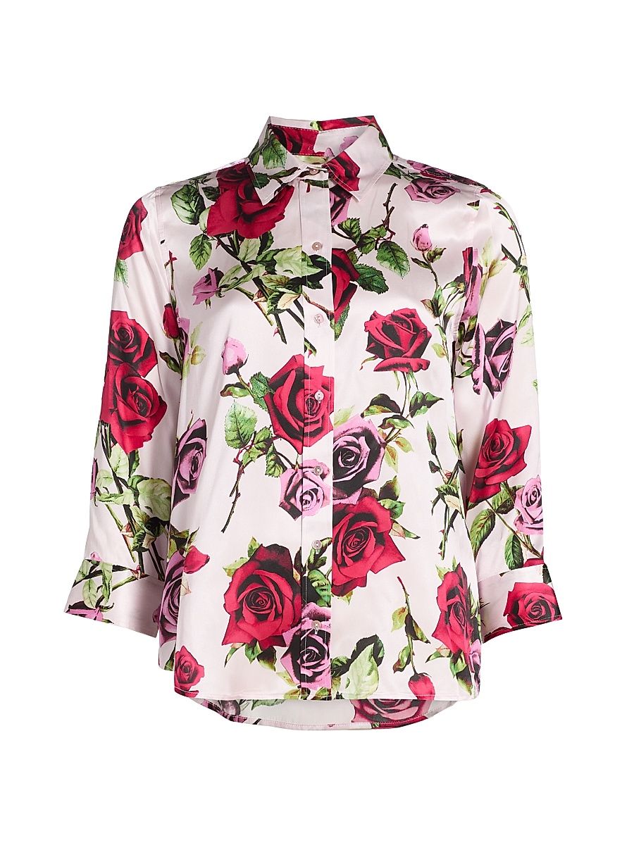 Women's Dani Rose Silk Button-Front Shirt - Pink Multi Romantic Rose - Size XXL