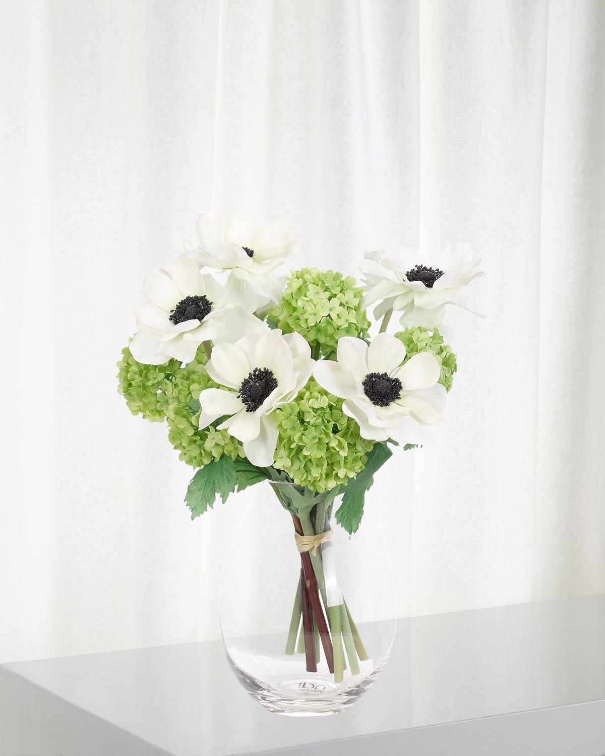Faux Anemone Snowball Floral Arrangement in Glass Vase