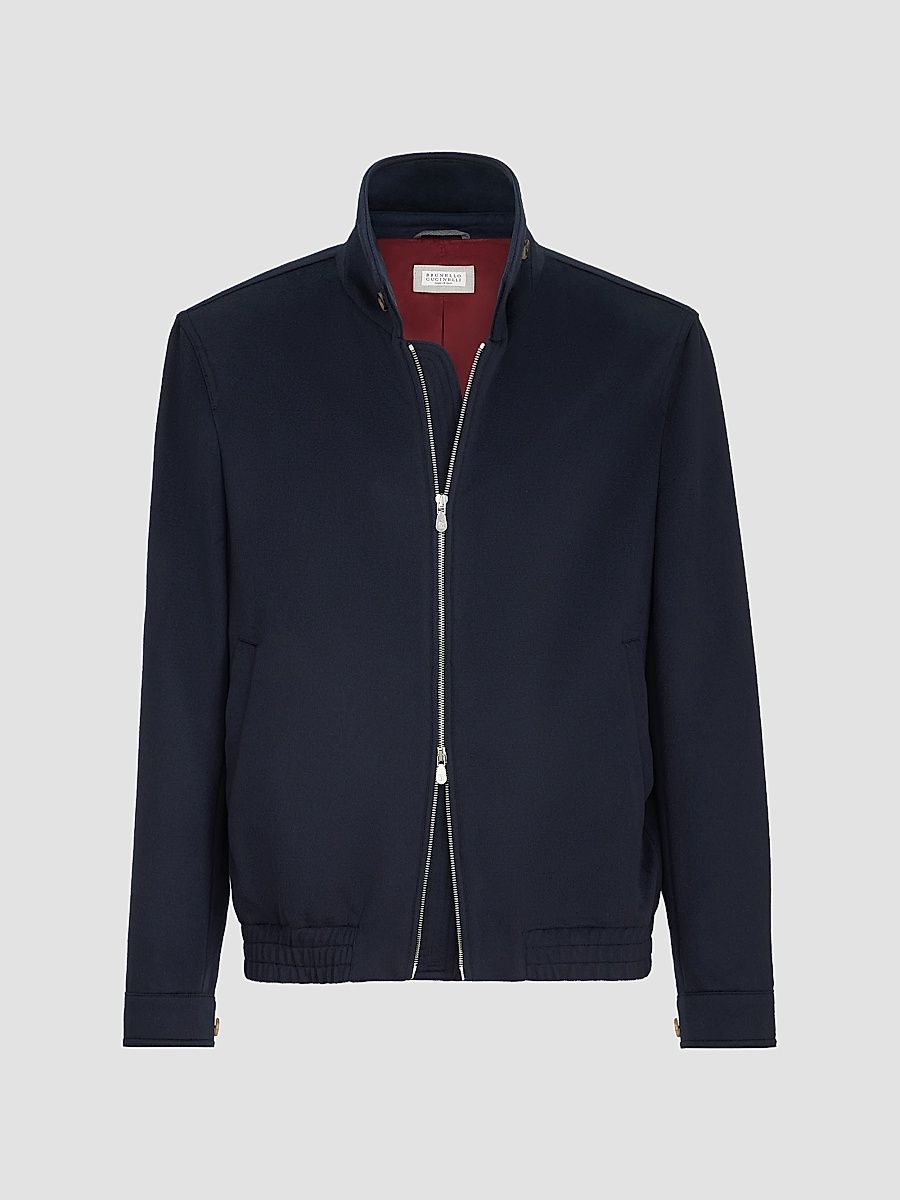 Men's Virgin Wool Beaver Cloth Bomber Jacket with Zipper - Navy Blue - Size 50
