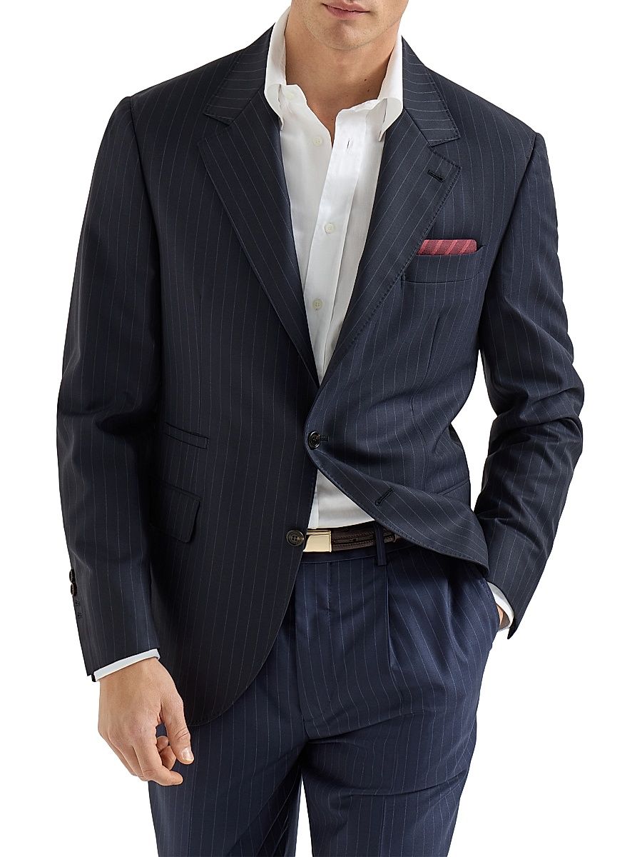 Men's Virgin Wool Chalk Stripe Batavia Blazer - Navy Blue - Size 46