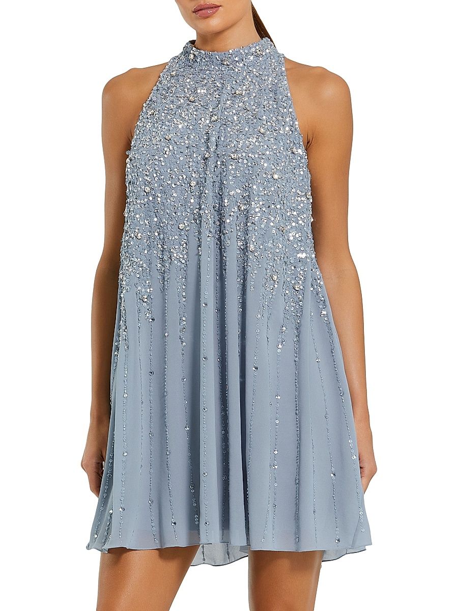 Women's Sequin-Embellished Trapeze Dress - Powder Blue - Size 8