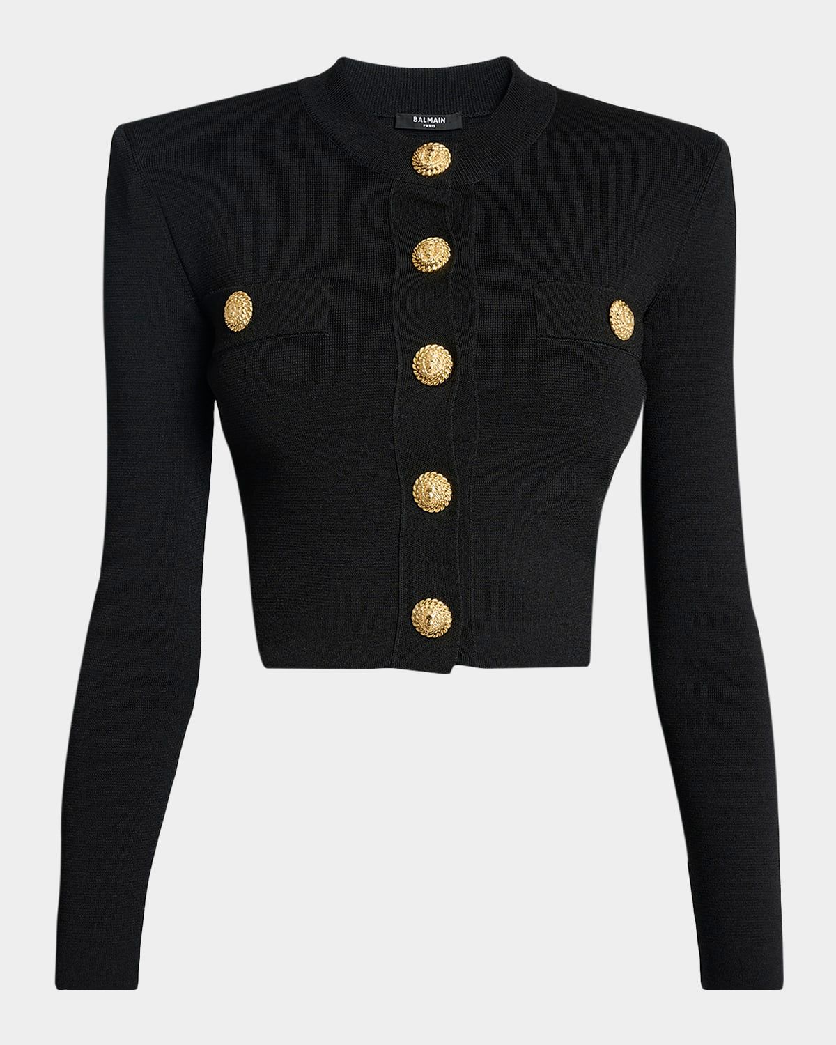 Buttoned Strong-Shoulder Knit Crop Jacket