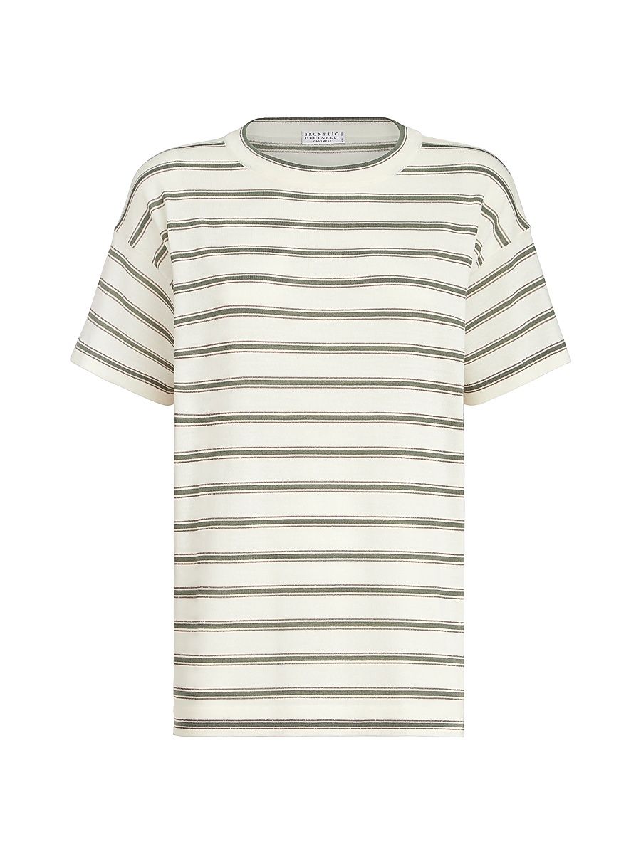 Women's Virgin Wool & Cashmere Lightweight Sparkling Stripe Knit T-Shirt - Panama - Size XXS