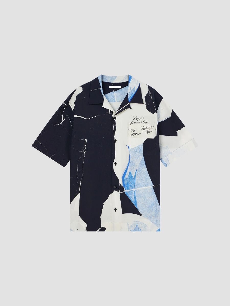Givenchy Men's Shirt in Cotton and Silk with Collage Print - Black White Blue - Size XXL
