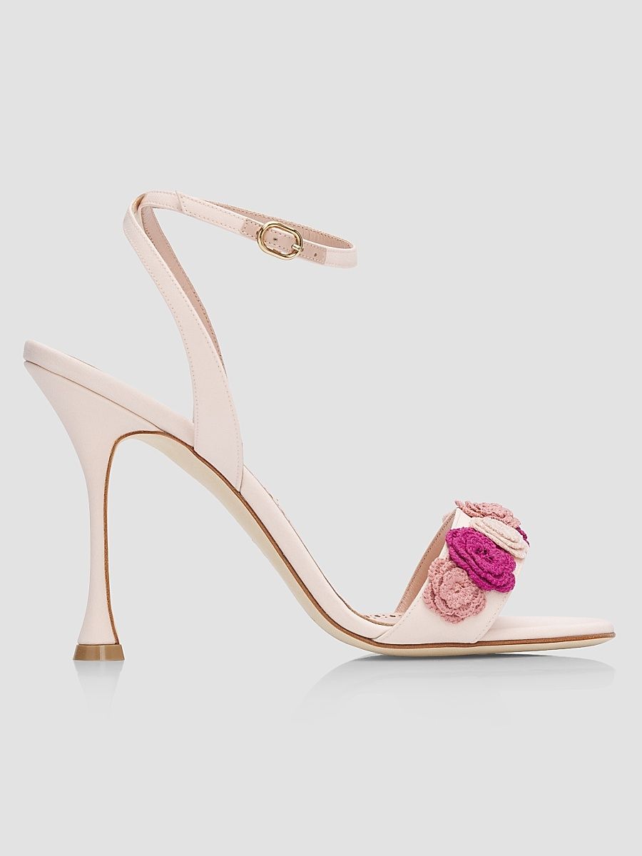 Women's Floral Appliqué Silk Stiletto Sandals - Pink Red - Size 5.5
